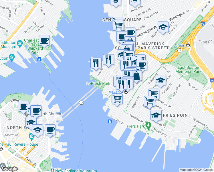 map of restaurants, bars, coffee shops, grocery stores, and more near 62 Sumner Street in Boston