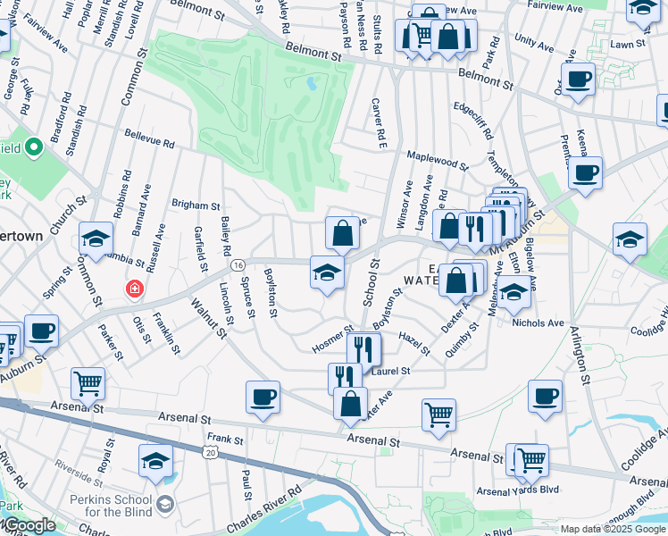 map of restaurants, bars, coffee shops, grocery stores, and more near 18 Adams Avenue in Watertown