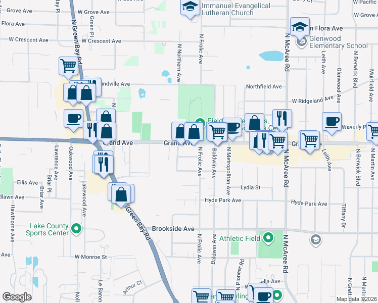 map of restaurants, bars, coffee shops, grocery stores, and more near 800 Baldwin Avenue in Waukegan