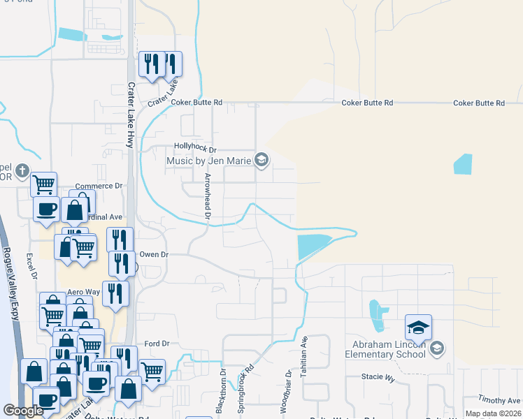 map of restaurants, bars, coffee shops, grocery stores, and more near 3640 Springbrook Road in Medford
