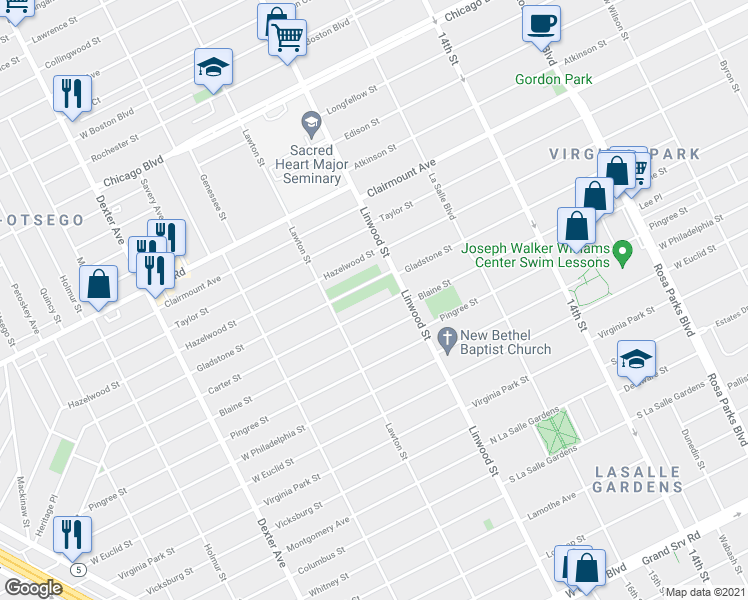map of restaurants, bars, coffee shops, grocery stores, and more near 2666 Carter St in Detroit