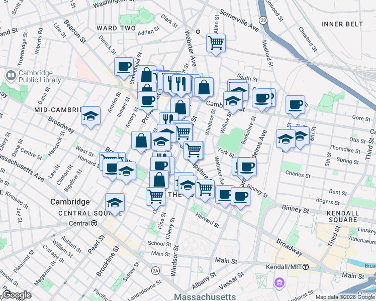 map of restaurants, bars, coffee shops, grocery stores, and more near 306 Columbia Street in Cambridge