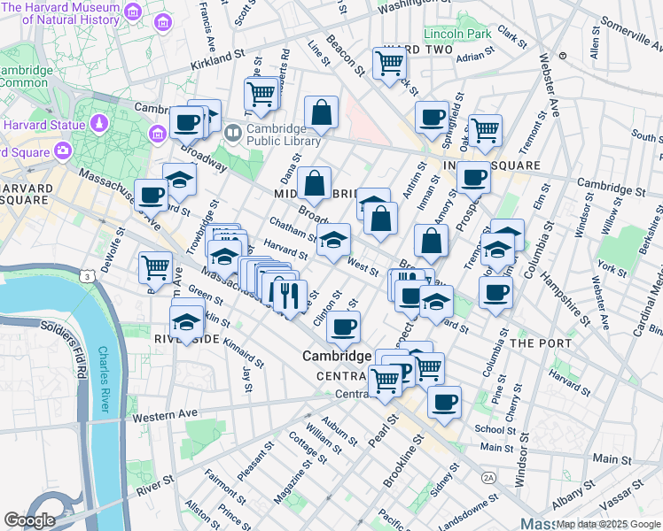 map of restaurants, bars, coffee shops, grocery stores, and more near 3 Hancock Park in Cambridge