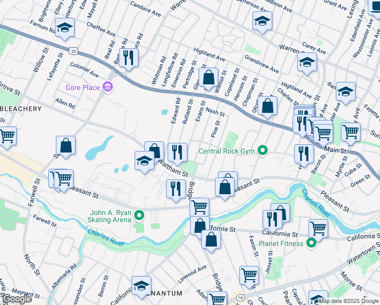 map of restaurants, bars, coffee shops, grocery stores, and more near 87 Evans Street in Watertown