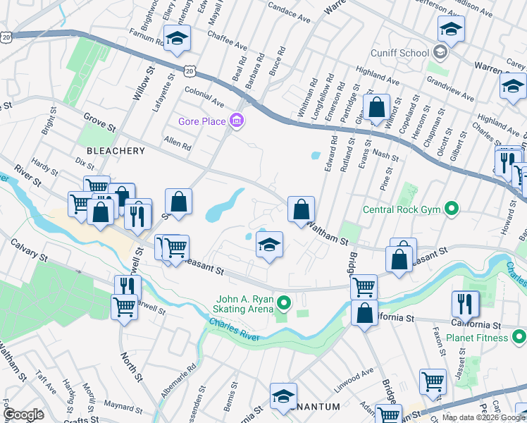 map of restaurants, bars, coffee shops, grocery stores, and more near 70 Woodview Way in Watertown