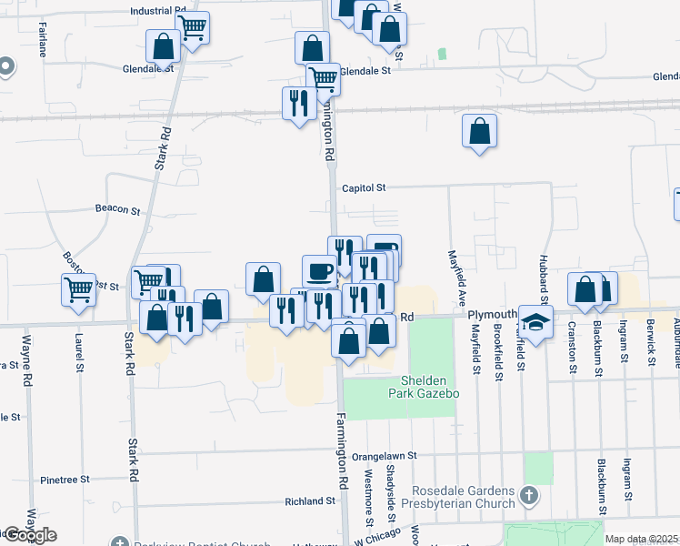 map of restaurants, bars, coffee shops, grocery stores, and more near 11846 Farmington Road in Livonia