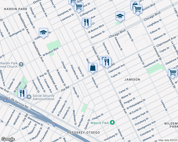 map of restaurants, bars, coffee shops, grocery stores, and more near 9300 Holmur Street in Detroit