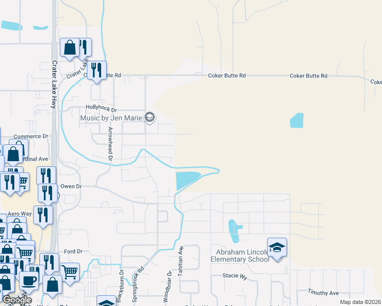 map of restaurants, bars, coffee shops, grocery stores, and more near 2010 Hondeleau Ln in Medford