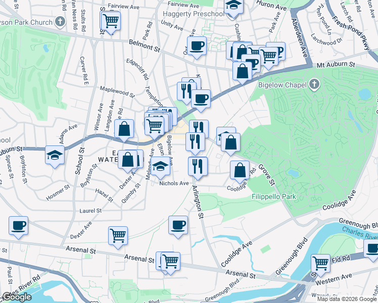 map of restaurants, bars, coffee shops, grocery stores, and more near 227 Arlington Street in Watertown