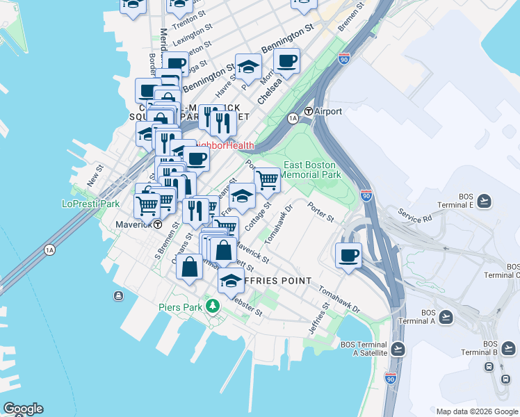 map of restaurants, bars, coffee shops, grocery stores, and more near 186 Cottage Street in Boston