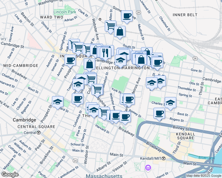 map of restaurants, bars, coffee shops, grocery stores, and more near 26 Lincoln Street in Cambridge