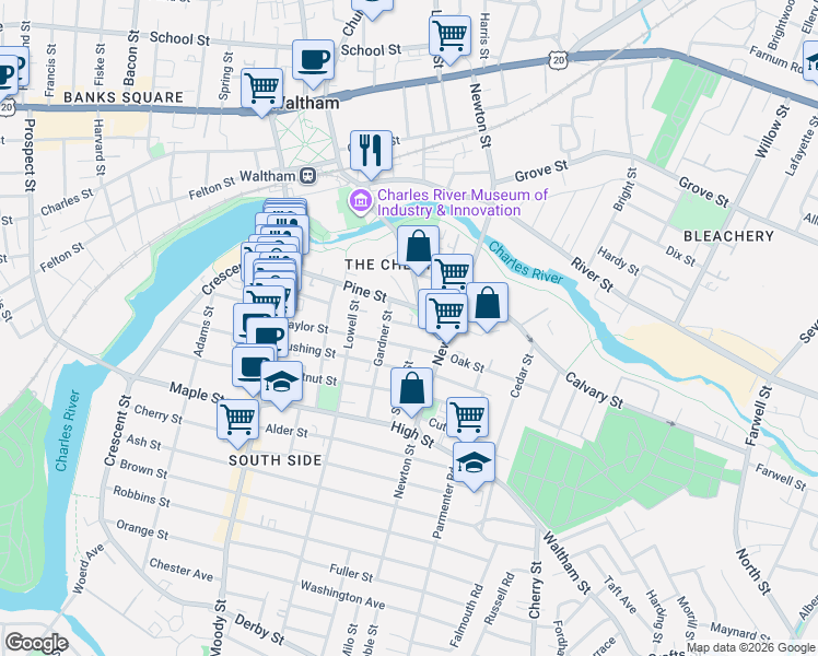 map of restaurants, bars, coffee shops, grocery stores, and more near 7 Gorham Street in Waltham