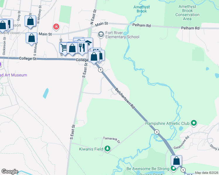 map of restaurants, bars, coffee shops, grocery stores, and more near 97 Massachusetts 9 in Amherst