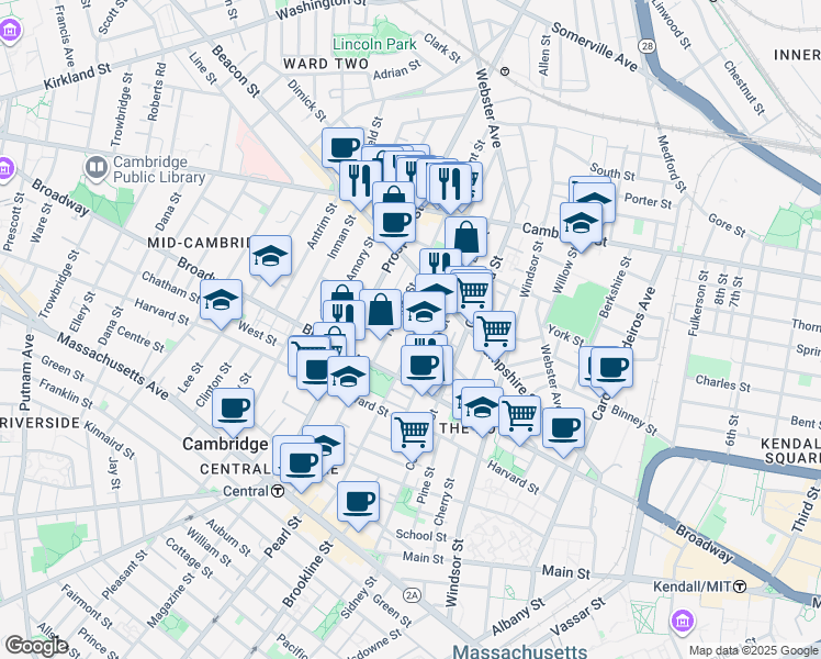 map of restaurants, bars, coffee shops, grocery stores, and more near 231 Norfolk Street in Cambridge