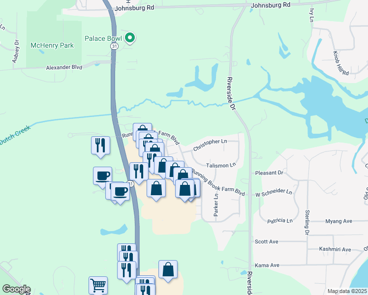 map of restaurants, bars, coffee shops, grocery stores, and more near 3318 Christopher Lane in Johnsburg