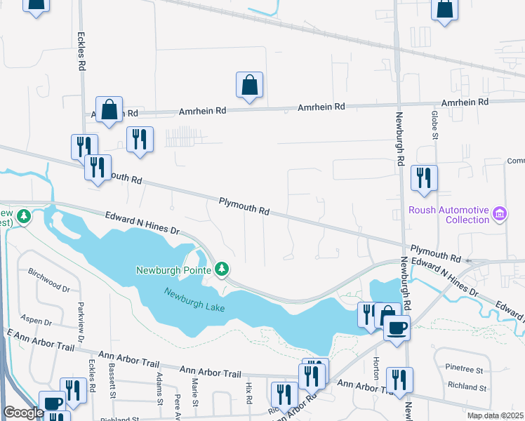 map of restaurants, bars, coffee shops, grocery stores, and more near 37718 Plymouth Road in Livonia