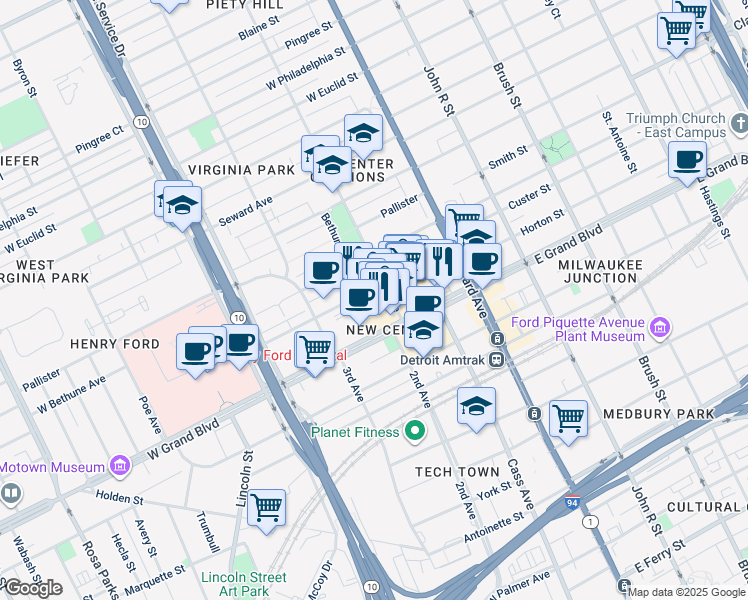 map of restaurants, bars, coffee shops, grocery stores, and more near 3011 East Grand Boulevard in Detroit