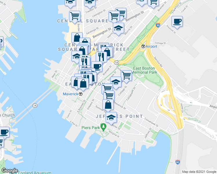 map of restaurants, bars, coffee shops, grocery stores, and more near 150 Orleans Street in Boston