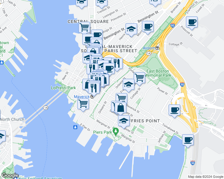 map of restaurants, bars, coffee shops, grocery stores, and more near 82 Bremen Street in Boston