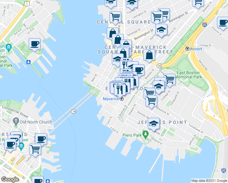 map of restaurants, bars, coffee shops, grocery stores, and more near 97 Maverick Street in Boston