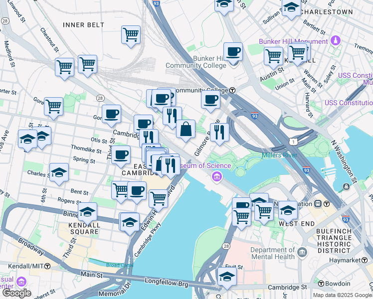 map of restaurants, bars, coffee shops, grocery stores, and more near in Cambridge