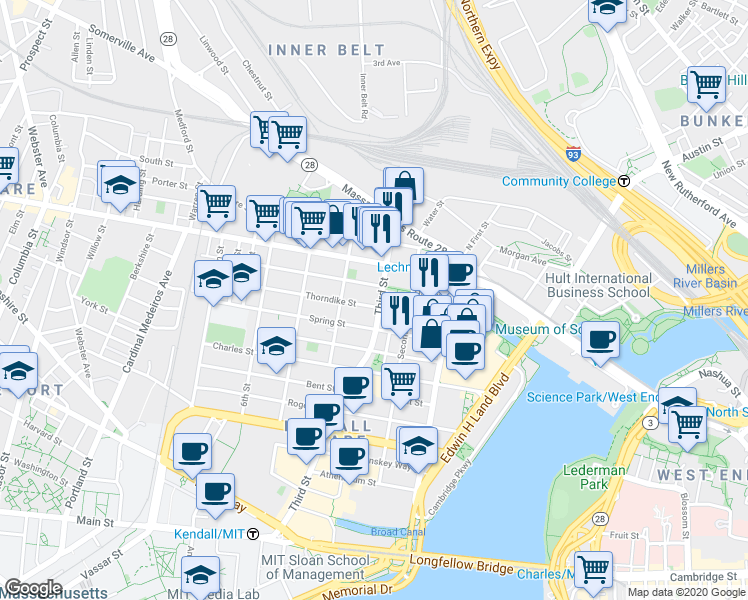 map of restaurants, bars, coffee shops, grocery stores, and more near 63 Otis Street in Cambridge