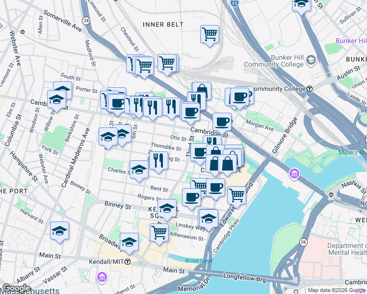 map of restaurants, bars, coffee shops, grocery stores, and more near 63 Otis Street in Cambridge