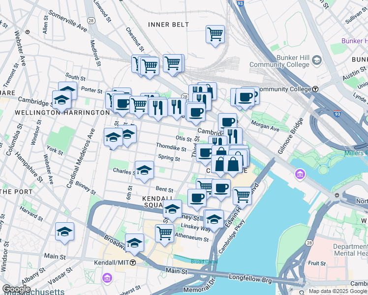 map of restaurants, bars, coffee shops, grocery stores, and more near 63 Otis Street in Cambridge