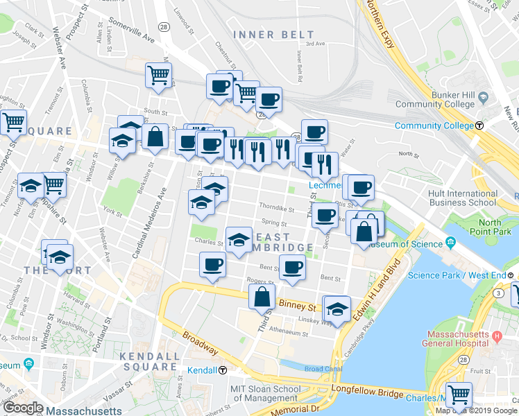 map of restaurants, bars, coffee shops, grocery stores, and more near 79 5th Street in Cambridge
