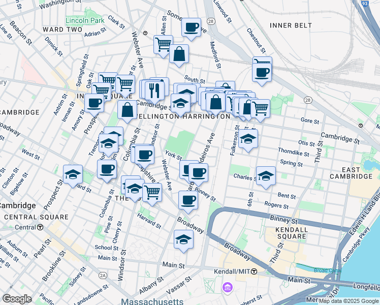 map of restaurants, bars, coffee shops, grocery stores, and more near 88 Berkshire Street in Cambridge