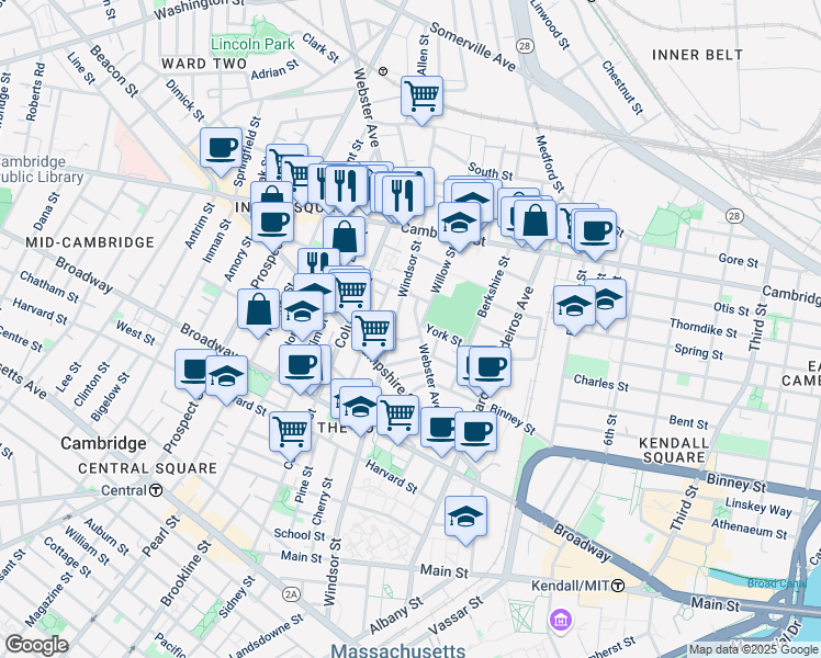 map of restaurants, bars, coffee shops, grocery stores, and more near 386 Windsor Street in Cambridge