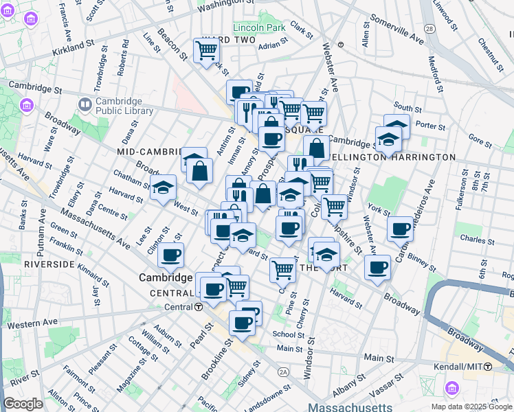 map of restaurants, bars, coffee shops, grocery stores, and more near 210 Prospect Street in Cambridge