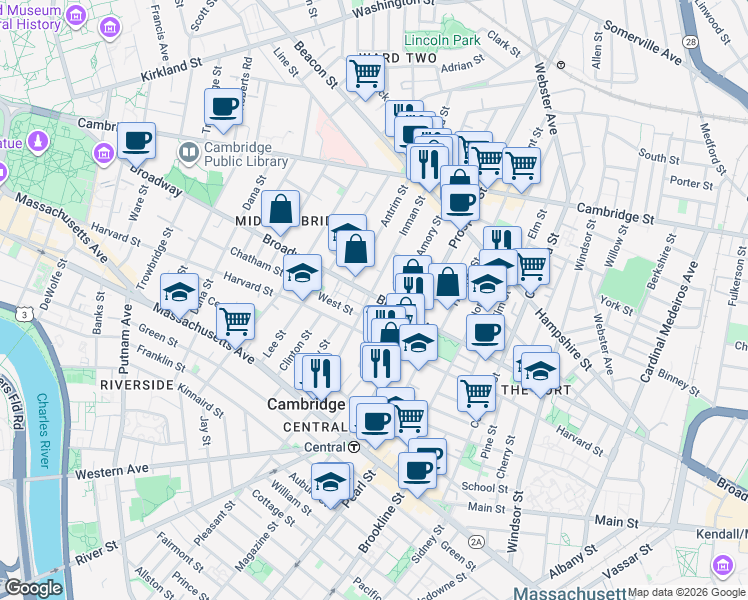 map of restaurants, bars, coffee shops, grocery stores, and more near 345 Broadway in Cambridge