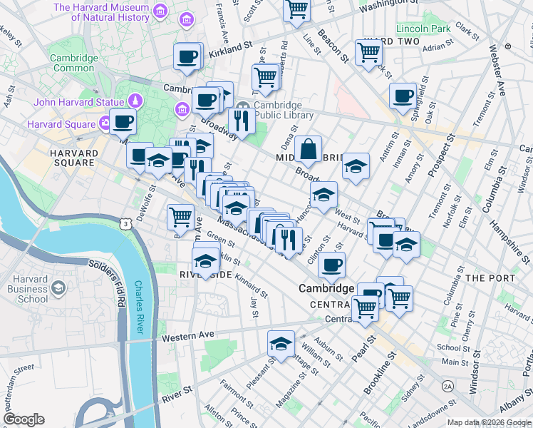 map of restaurants, bars, coffee shops, grocery stores, and more near 338 Harvard Street in Cambridge