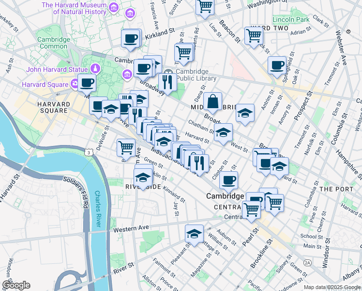 map of restaurants, bars, coffee shops, grocery stores, and more near 338 Harvard Street in Cambridge