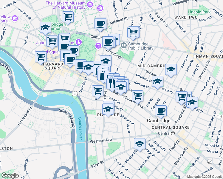 map of restaurants, bars, coffee shops, grocery stores, and more near 12 Trowbridge Street in Cambridge