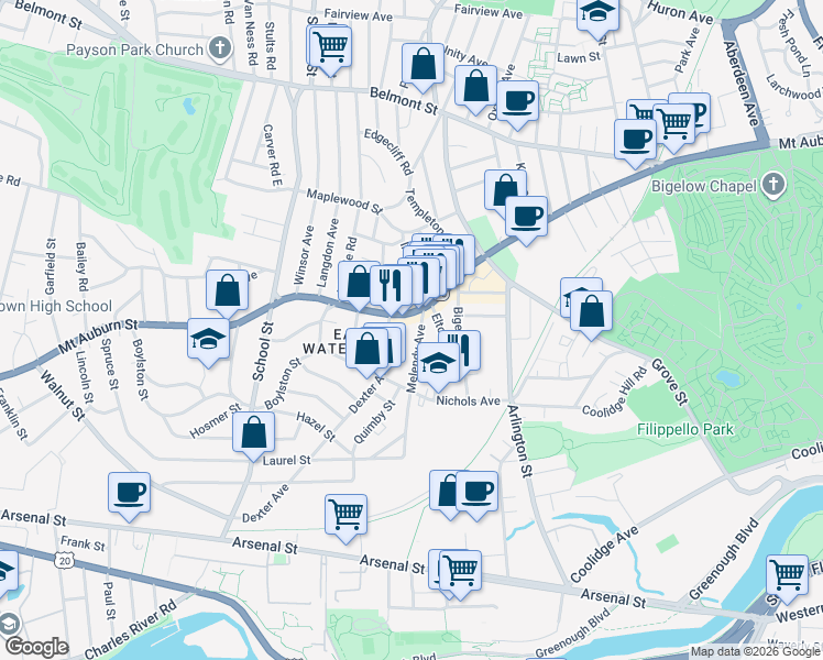 map of restaurants, bars, coffee shops, grocery stores, and more near 564 Mount Auburn Street in Watertown