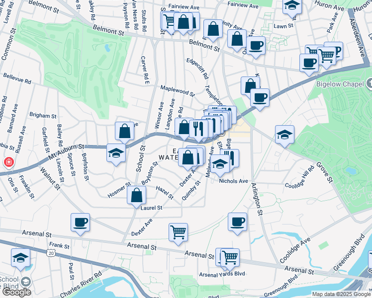 map of restaurants, bars, coffee shops, grocery stores, and more near in Watertown