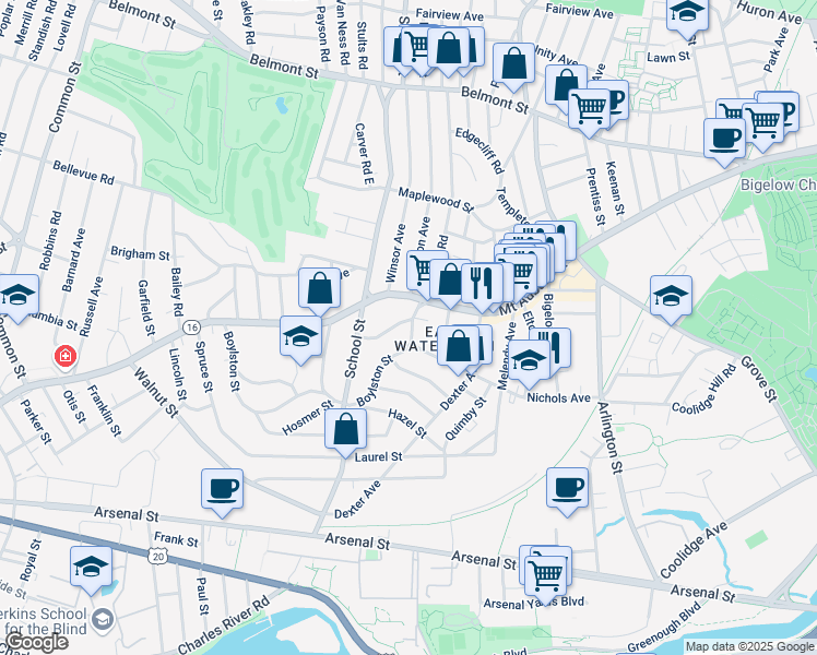 map of restaurants, bars, coffee shops, grocery stores, and more near 521 Mount Auburn Street in Watertown