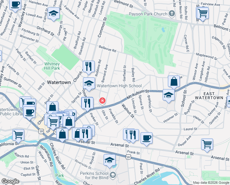map of restaurants, bars, coffee shops, grocery stores, and more near 52 Bates Road in Watertown