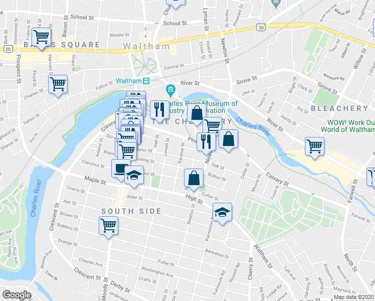 map of restaurants, bars, coffee shops, grocery stores, and more near 103 Pine Street in Waltham