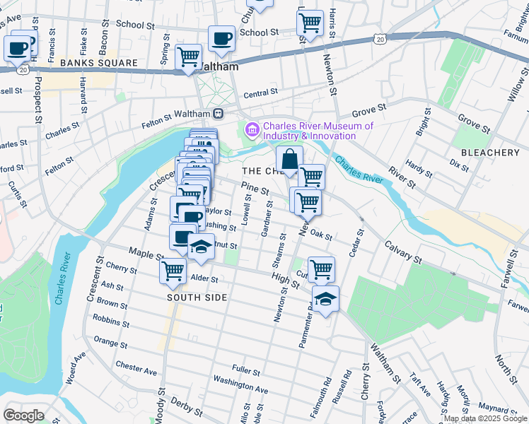 map of restaurants, bars, coffee shops, grocery stores, and more near 12 Lowell Street in Waltham