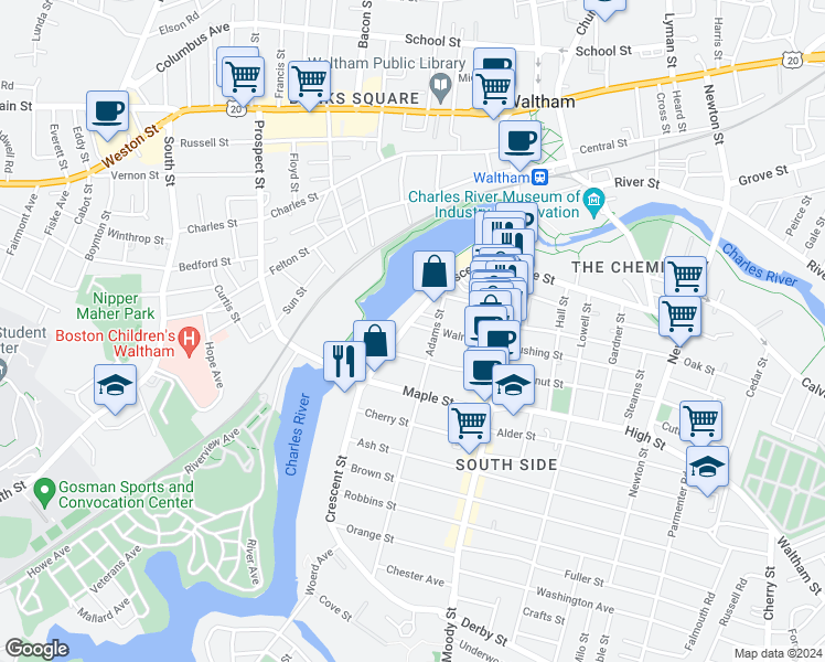 map of restaurants, bars, coffee shops, grocery stores, and more near 99 Crescent Street in Waltham