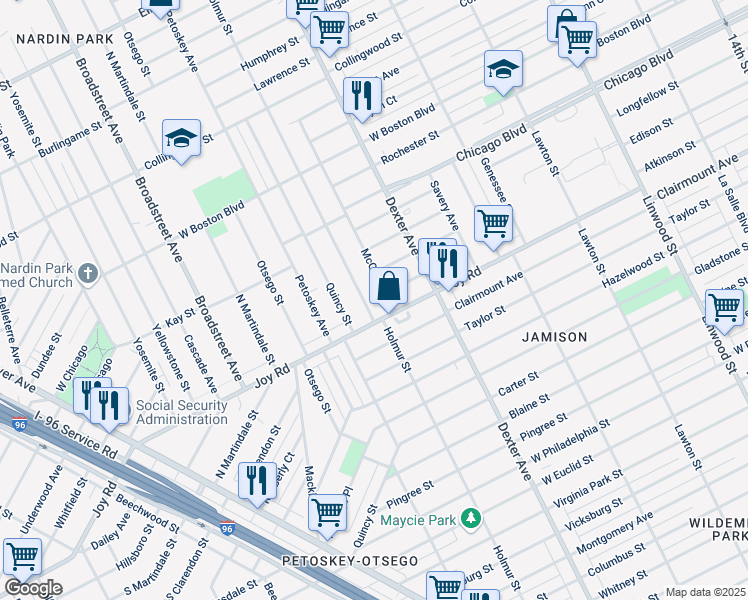 map of restaurants, bars, coffee shops, grocery stores, and more near 9300 Holmur Street in Detroit