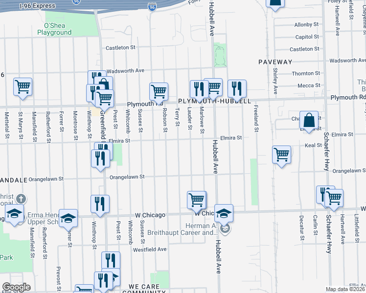 map of restaurants, bars, coffee shops, grocery stores, and more near 11303 Lauder Street in Detroit