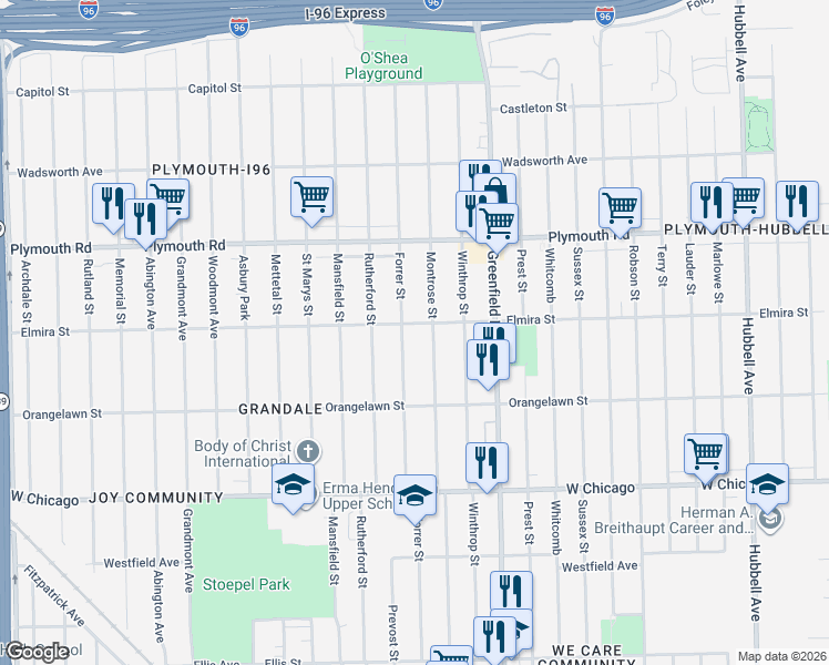 map of restaurants, bars, coffee shops, grocery stores, and more near 11325 Montrose Street in Detroit