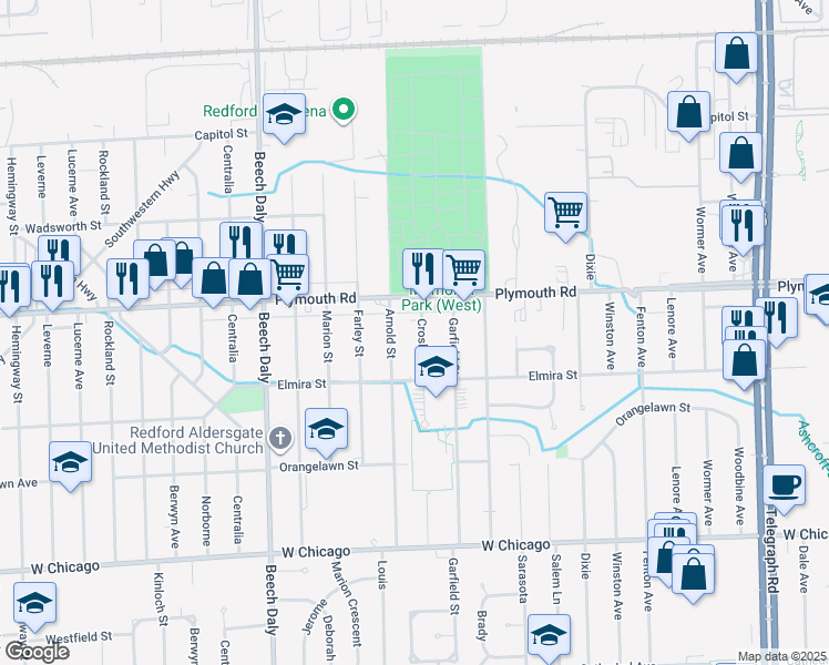 map of restaurants, bars, coffee shops, grocery stores, and more near 11385 Crosley in Redford Charter Township