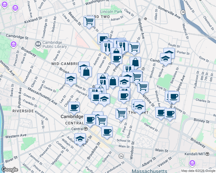 map of restaurants, bars, coffee shops, grocery stores, and more near 190 Prospect Street in Cambridge