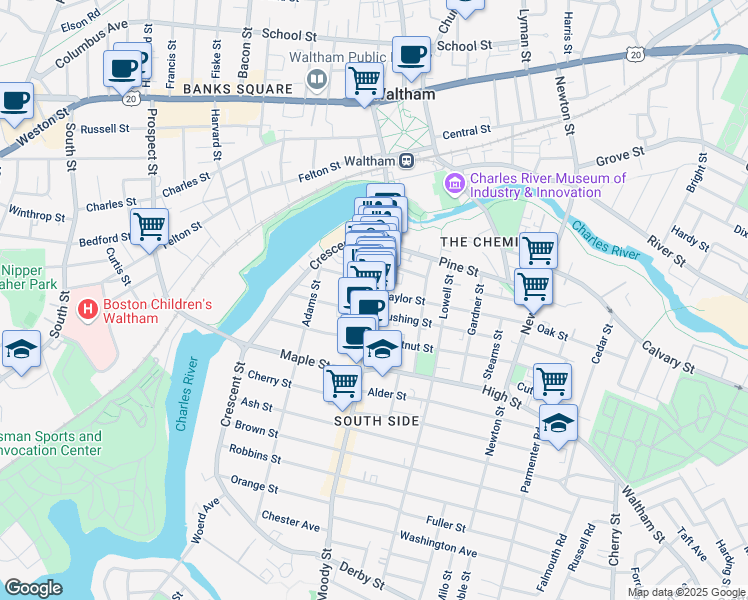 map of restaurants, bars, coffee shops, grocery stores, and more near 366 Moody Street in Waltham