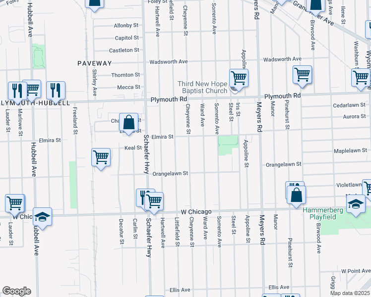 map of restaurants, bars, coffee shops, grocery stores, and more near 10005 Cheyenne Street in Detroit